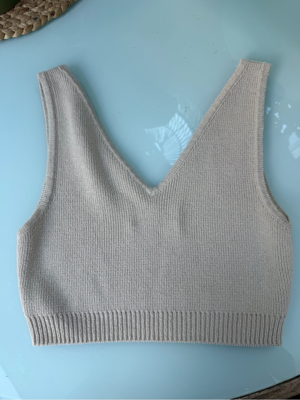 Monica Cordera Taupe Rib-Knit V-Neck Crop Tank Top os